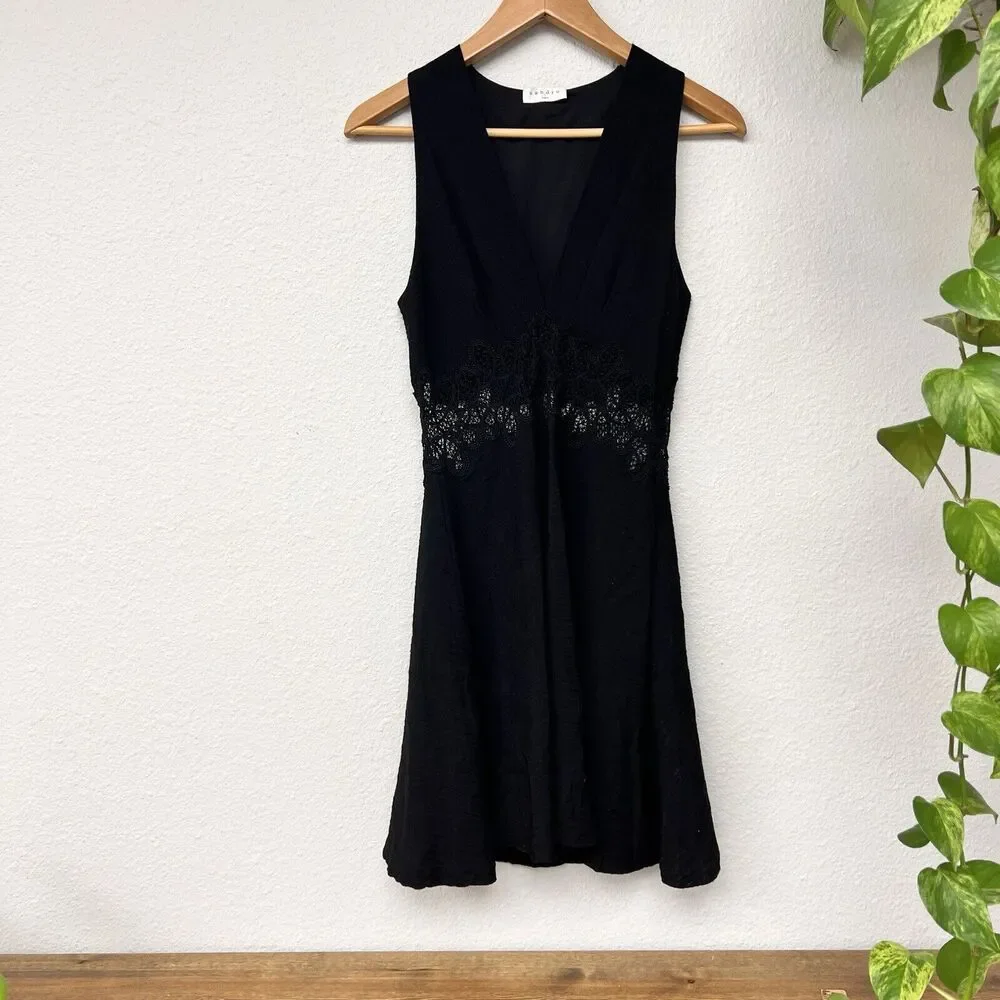 Sandro Paris Dress‎ 36 Elena Black Sleeveless V Neck Sheer Lace Panel Fit Flare - Picture 10 of 10